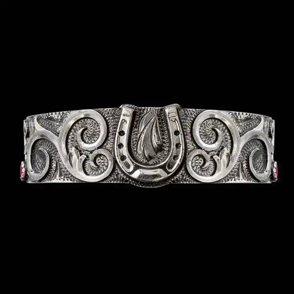 The Patsy Western Cuff Bracelet is a splendid jewelry piece built on a german silver hand engraved with large silver vines and customizable figure. Order it now! 